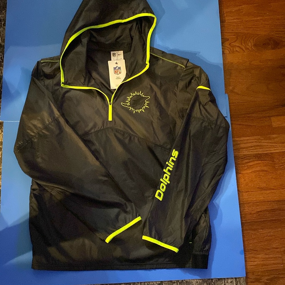NFL Nike MEN’s, Miami Dolphins Nylon Hoodie, Small, Black w/Neon Green Trim NWT